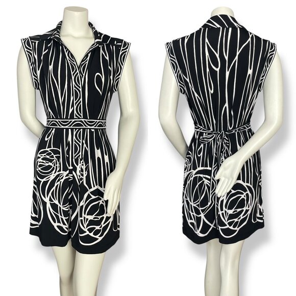 BCBGMaxAzria‎ Dress Abstract Print Black White Tie Waist Pockets Size Medium - Picture 1 of 10